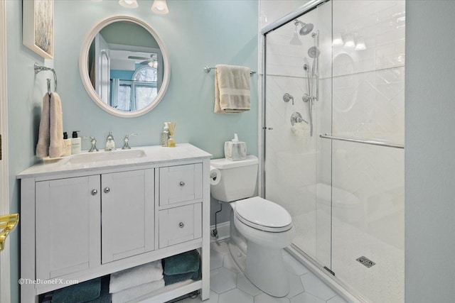 1417 Sherwood Ln, Geneva, IL 60134 - bathroom featuring a shower stall, vanity, a ceiling fan, and tile patterned flooring