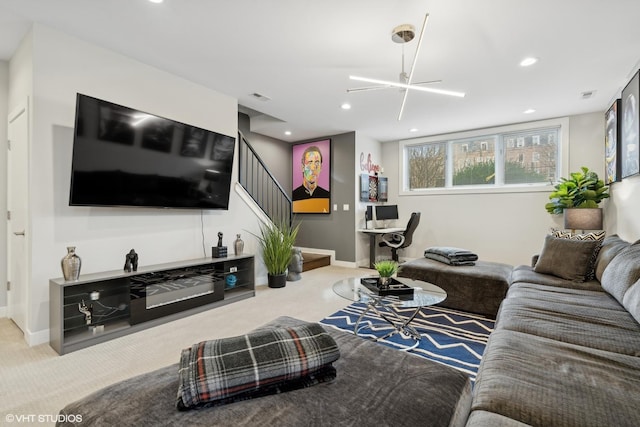 1449 E 65th Pl Unit 1, Chicago, IL 60637 - carpeted living area featuring stairway, recessed lighting, and ceiling fan