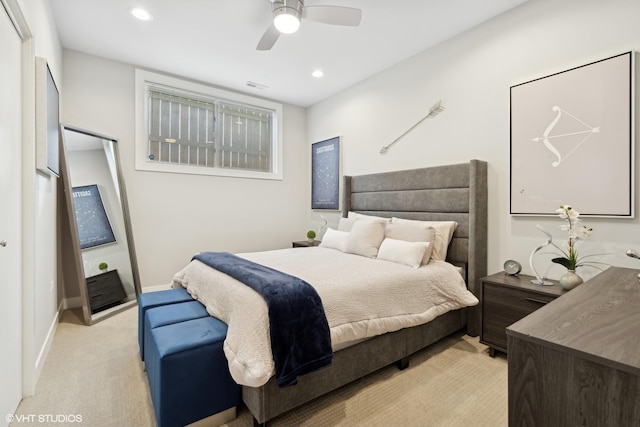 1449 E 65th Pl Unit 1, Chicago, IL 60637 - bedroom featuring light colored carpet, recessed lighting, and a ceiling fan