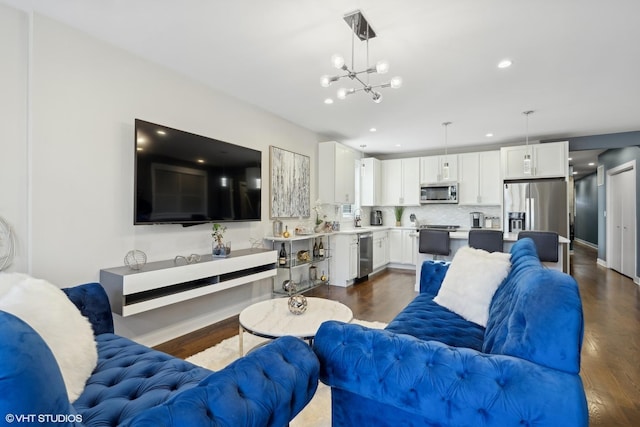 1449 E 65th Pl Unit 1, Chicago, IL 60637 - living area featuring dark wood-style flooring, a chandelier, and recessed lighting