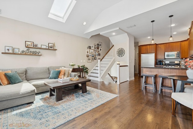 821 W Wrightwood Ave Unit 3, Chicago, IL 60614 - living area featuring lofted ceiling, recessed lighting, stairs, dark wood-style floors, and a skylight