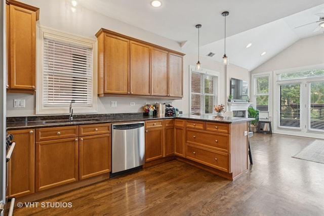 821 W Wrightwood Ave Unit 3, Chicago, IL 60614 - kitchen featuring dishwasher, dark wood-type flooring, brown cabinetry, a peninsula, and recessed lighting
