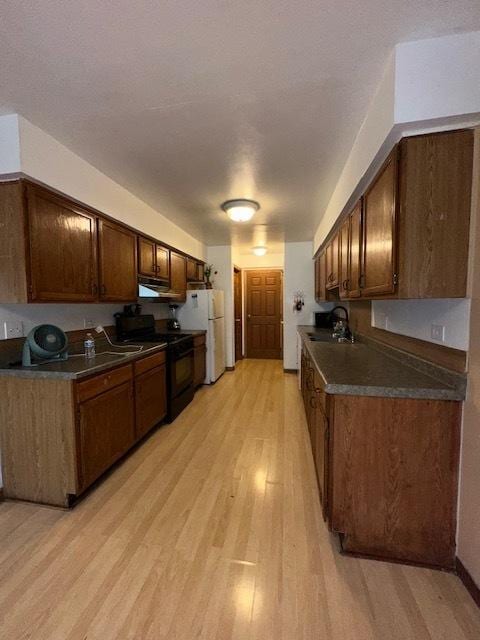 124 Village Creek Dr, Lake In The Hills, IL 60156 - kitchen featuring electric range, freestanding refrigerator, light wood finished floors, and dark countertops