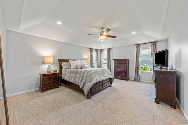 27W120 Timber Creek Dr, Winfield, IL 60190 - bedroom featuring a raised ceiling, light colored carpet, recessed lighting, and a ceiling fan