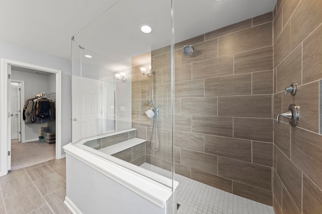 27W120 Timber Creek Dr, Winfield, IL 60190 - bathroom with a tile shower, a spacious closet, recessed lighting, and tile patterned floors