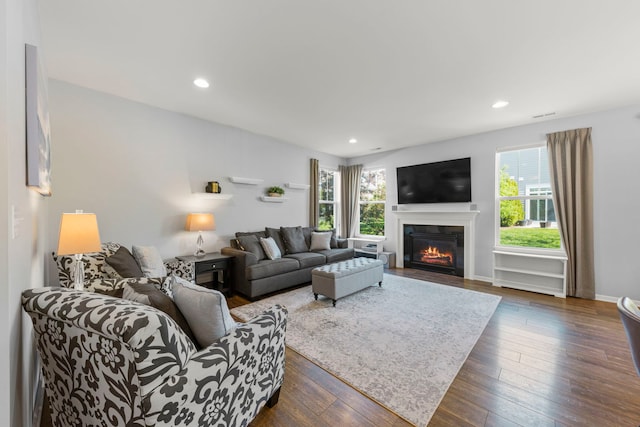27W120 Timber Creek Dr, Winfield, IL 60190 - living area featuring a fireplace with flush hearth, dark wood finished floors, and recessed lighting