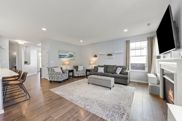 27W120 Timber Creek Dr, Winfield, IL 60190 - living area with wood finished floors, a glass covered fireplace, and recessed lighting