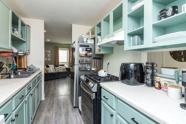 240 Algonquin Ct Unit A, Bolingbrook, IL 60440 - kitchen with open shelves, gas stove, under cabinet range hood, and light countertops
