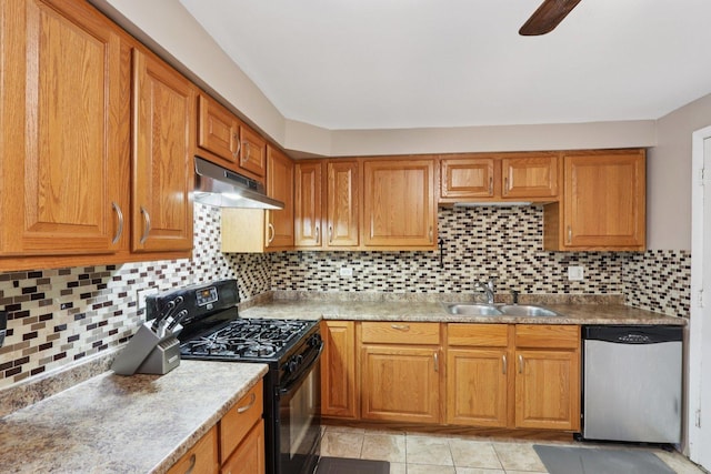 1320A Lore Ln Unit 204, Lombard, IL 60148 - kitchen featuring dishwasher, under cabinet range hood, black gas range oven, and backsplash