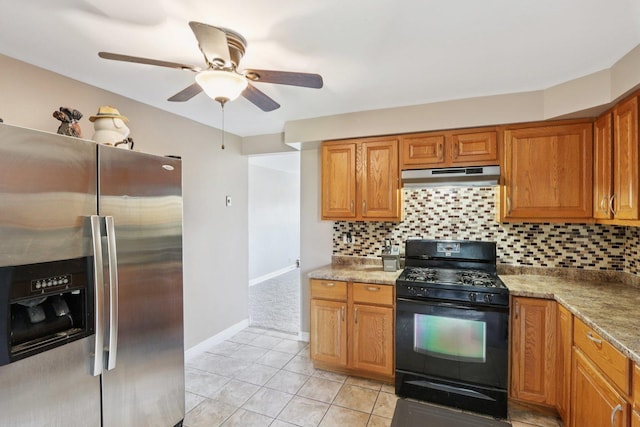 1320A Lore Ln Unit 204, Lombard, IL 60148 - kitchen featuring stainless steel fridge with ice dispenser, black range with gas cooktop, under cabinet range hood, ceiling fan, and decorative backsplash