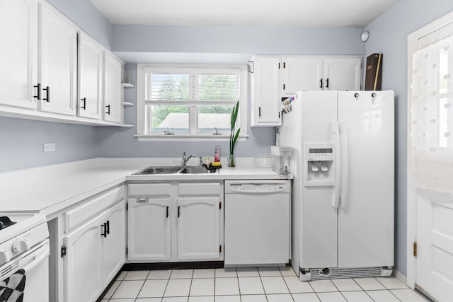 10341 Canterbury St, Westchester, IL 60154 - kitchen featuring white appliances, white cabinets, light countertops, light tile patterned flooring, and open shelves