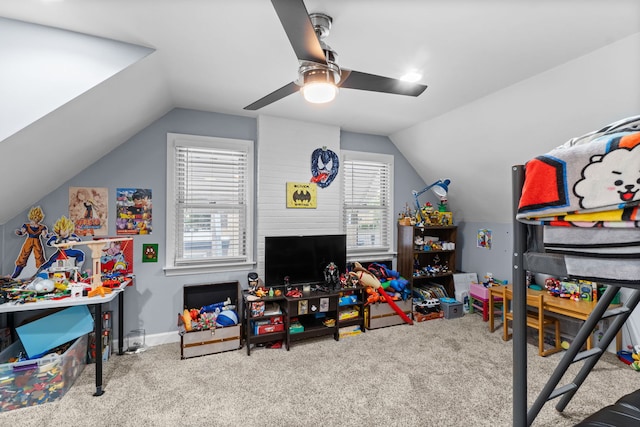10341 Canterbury St, Westchester, IL 60154 - recreation room featuring lofted ceiling, a ceiling fan, and carpet floors