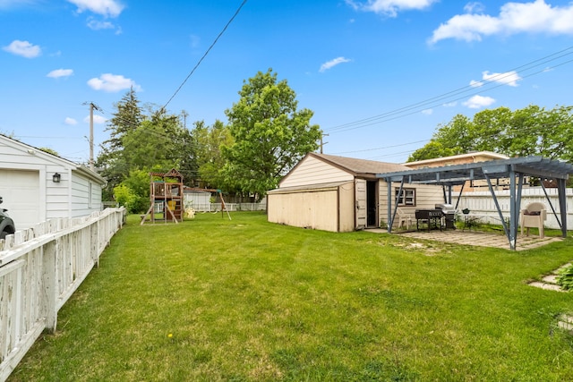 10341 Canterbury St, Westchester, IL 60154 - fenced backyard with a playground, a pergola, a patio area, and a shed