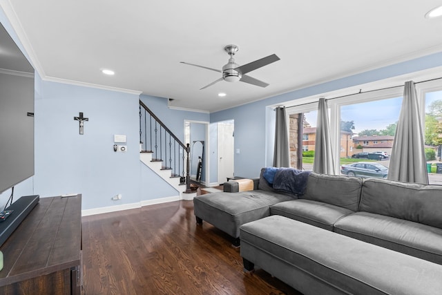 10341 Canterbury St, Westchester, IL 60154 - living room with ceiling fan, dark wood-type flooring, crown molding, plenty of natural light, and recessed lighting