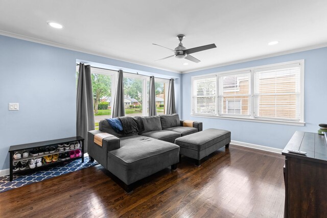 10341 Canterbury St, Westchester, IL 60154 - living area with ceiling fan, dark wood finished floors, ornamental molding, and recessed lighting