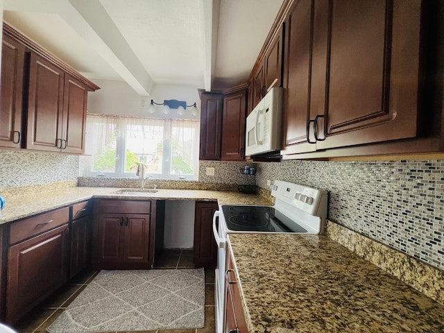 1950 W Hood Ave Unit 4C, Chicago, IL 60660 - kitchen with white appliances, beamed ceiling, decorative backsplash, light stone countertops, and light tile patterned floors