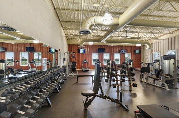 475 Lancaster Dr, Pingree Grove, IL 60140 - exercise room featuring wood walls and a high ceiling