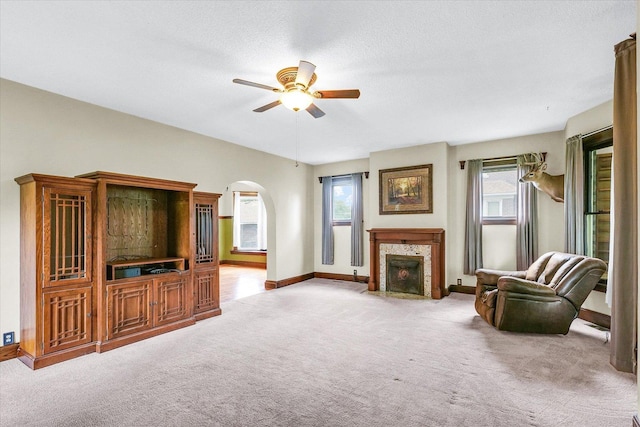 301 N Main St, Fithian, IL 61844 - unfurnished living room with carpet, ceiling fan, plenty of natural light, and a textured ceiling