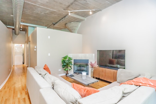 1070 W 15th St Unit 105, Chicago, IL 60608 - living area with wood finished floors, a fireplace, and rail lighting