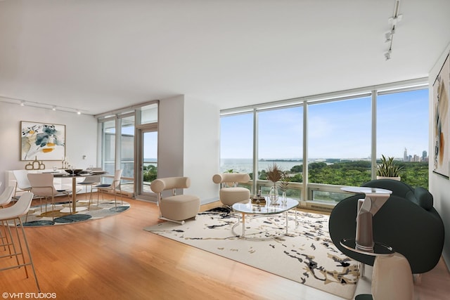 340 E Randolph St Unit 803, Chicago, IL 60601 - living area featuring rail lighting, wood finished floors, a water view, and a wall of windows