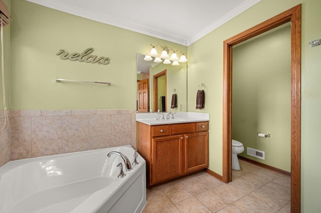 619 Northgate Dr, Sycamore, IL 60178 - bathroom featuring a bath, vanity, tile patterned floors, and ornamental molding