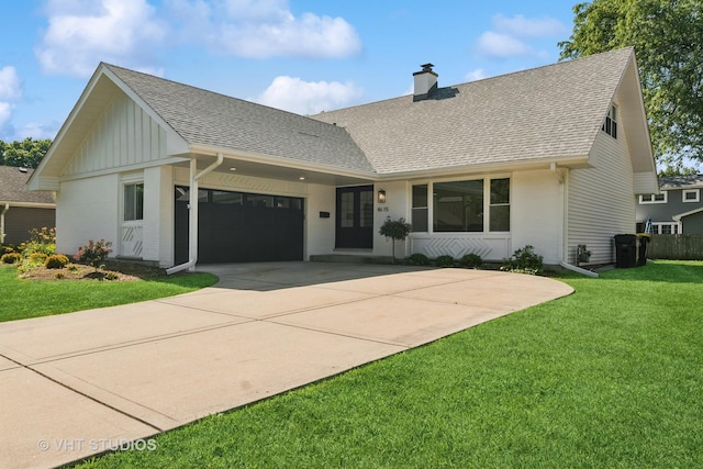 4615 Gettysburg Dr, Rolling Meadows, IL 60008 - view of front of property featuring a shingled roof, driveway, an attached garage, a front lawn, and a chimney