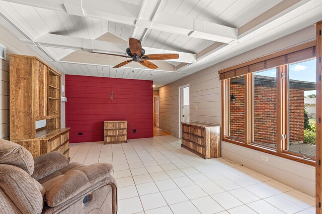 7637 Sequoia Ct, Orland Park, IL 60462 - living room featuring ceiling fan, wood walls, light tile patterned flooring, and beamed ceiling