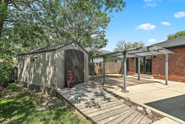 7637 Sequoia Ct, Orland Park, IL 60462 - wooden deck featuring a pergola, a storage shed, and a patio area