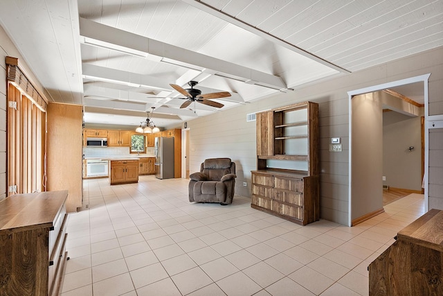 7637 Sequoia Ct, Orland Park, IL 60462 - living area featuring light tile patterned floors, ceiling fan, a chandelier, and beam ceiling