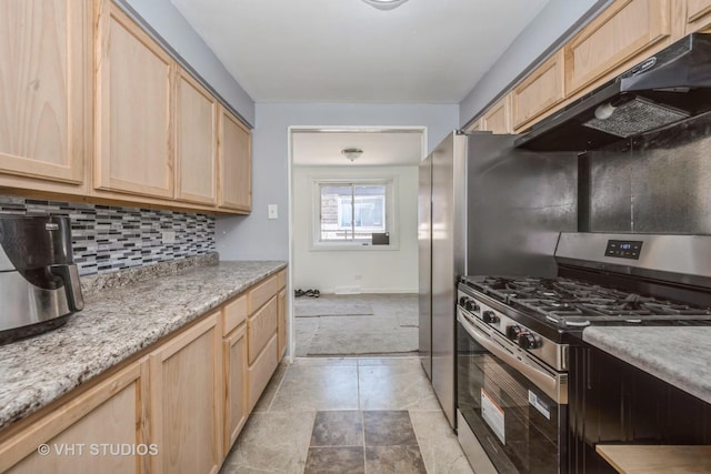 1147 E 91st St, Chicago, IL 60638 - kitchen featuring stainless steel gas range oven, light brown cabinetry, under cabinet range hood, decorative backsplash, and light stone countertops