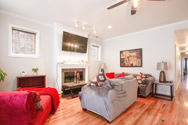 633 E Bowen Ave Unit 1E, Chicago, IL 60653 - living room featuring light wood finished floors, ornamental molding, a fireplace, ceiling fan, and track lighting