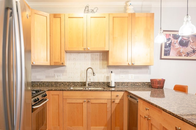 633 E Bowen Ave Unit 1E, Chicago, IL 60653 - kitchen featuring appliances with stainless steel finishes, decorative backsplash, ornamental molding, dark stone countertops, and hanging light fixtures