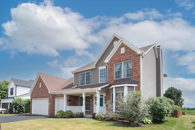 414 Alden Dr, Sycamore, IL 60178 - traditional home featuring a porch, asphalt driveway, brick siding, a garage, and a front yard