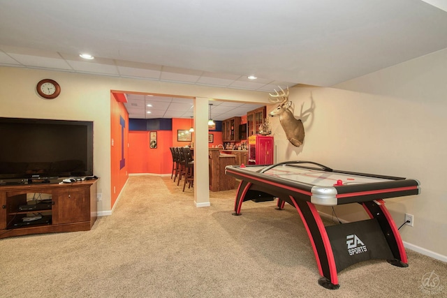 414 Alden Dr, Sycamore, IL 60178 - rec room with carpet floors, bar area, recessed lighting, and a paneled ceiling
