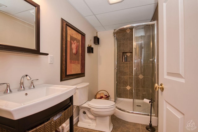 414 Alden Dr, Sycamore, IL 60178 - bathroom with a stall shower, tile patterned floors, vanity, and a drop ceiling