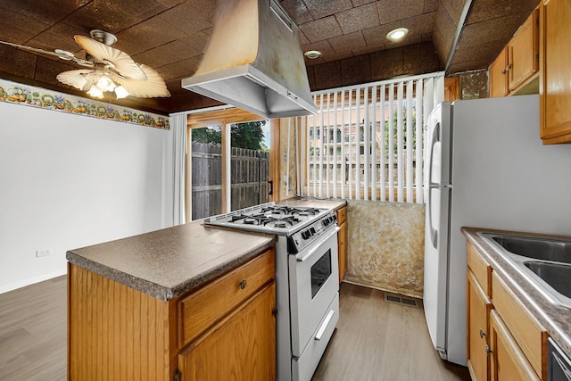 1746 Sessions Walk Unit 1746, Hoffman Estates, IL 60169 - kitchen with white appliances, island exhaust hood, light wood-type flooring, and plenty of natural light