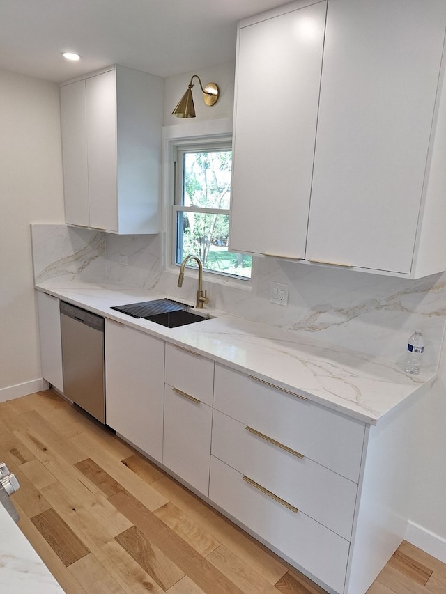 5841 Sunrise Ave, Clarendon Hills, IL 60514 - kitchen with dishwasher, white cabinetry, modern cabinets, backsplash, and recessed lighting