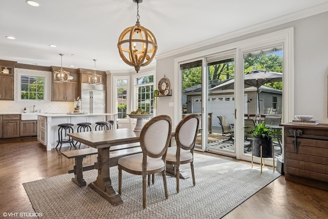 725 Park Plaine Ave, Park Ridge, IL 60068 - dining room with a chandelier, plenty of natural light, crown molding, wood finished floors, and recessed lighting