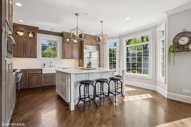 725 Park Plaine Ave, Park Ridge, IL 60068 - kitchen featuring built in refrigerator, a chandelier, a kitchen island, a breakfast bar area, and plenty of natural light