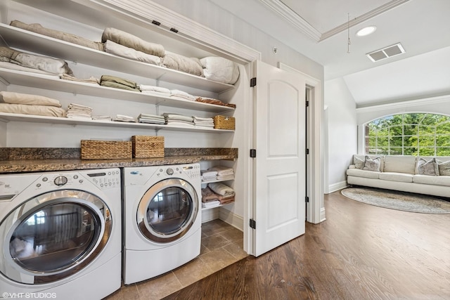 725 Park Plaine Ave, Park Ridge, IL 60068 - washroom featuring washer and dryer, ornamental molding, attic access, recessed lighting, and dark wood-style floors