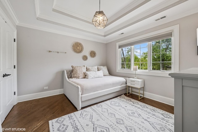725 Park Plaine Ave, Park Ridge, IL 60068 - bedroom featuring a tray ceiling, dark wood-style floors, and ornamental molding