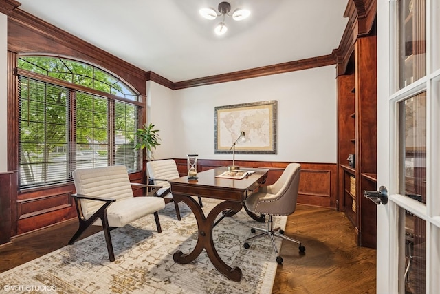 725 Park Plaine Ave, Park Ridge, IL 60068 - office space featuring crown molding, a wainscoted wall, and dark wood-type flooring