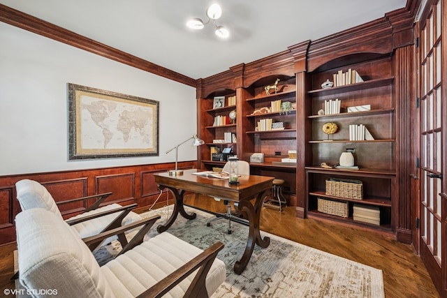 725 Park Plaine Ave, Park Ridge, IL 60068 - office featuring ornamental molding, a wainscoted wall, wood finished floors, and built in features