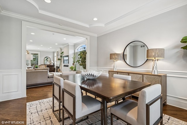 725 Park Plaine Ave, Park Ridge, IL 60068 - dining room with a decorative wall, ornamental molding, wainscoting, dark wood finished floors, and recessed lighting