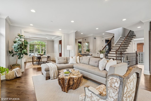 725 Park Plaine Ave, Park Ridge, IL 60068 - living area with stairway, recessed lighting, crown molding, wood finished floors, and wainscoting