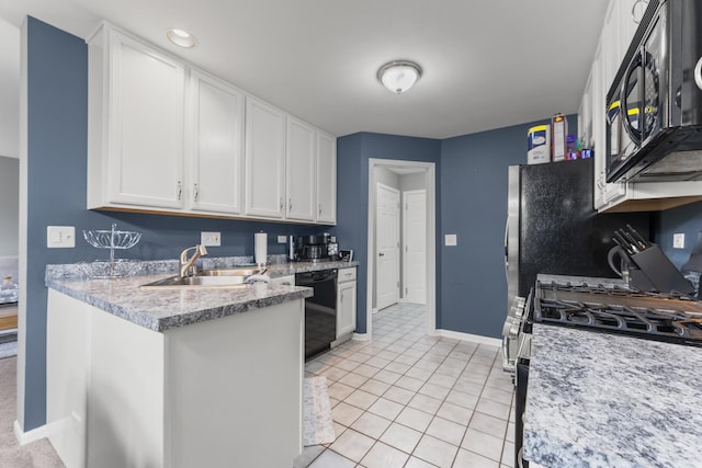 59 Colonial Ct, Streamwood, IL 60107 - kitchen featuring black appliances, white cabinets, a peninsula, and light tile patterned floors