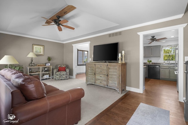 16637 W Oneida Dr, Lockport, IL 60441 - living room featuring ceiling fan, wood finished floors, ornamental molding, and vaulted ceiling
