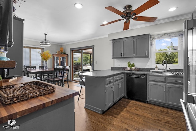 16637 W Oneida Dr, Lockport, IL 60441 - kitchen with black dishwasher, a peninsula, gray cabinets, wooden counters, and dark wood-style floors