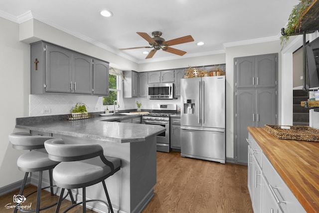 16637 W Oneida Dr, Lockport, IL 60441 - kitchen featuring stainless steel appliances, wooden counters, gray cabinetry, a peninsula, and ceiling fan