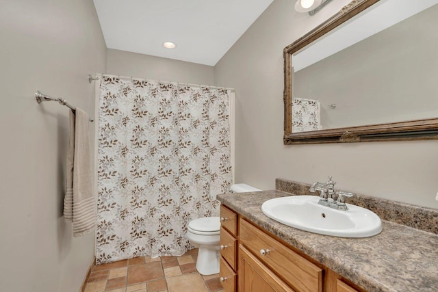 5209 Meadowbrook St, Plainfield, IL 60586 - bathroom with vanity, curtained shower, stone finish flooring, and recessed lighting